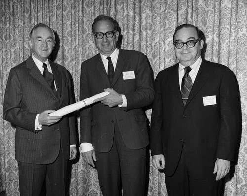 William A. Nierenberg (center) being appointed chairman of the National Advisory Committee on Oceans and Atmosphere, with Maurice H. Stans and Robert M. White