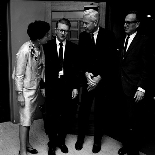 UC president Charles J. Hitch, Nancy Hitch, UC San Diego chancellor John S. Galbraith, and Scripps Institution of Oceanography director William A. Nierenberg at reception for "The Oceans 1968 - A New World" symposium