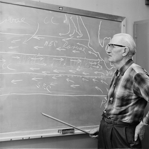 Martin W. Johnson at blackboard, Scripps Institution of Oceanography