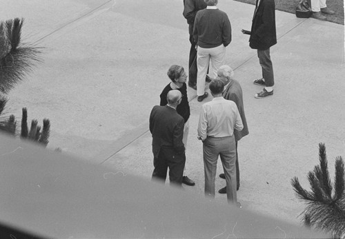 Faculty conferring during the student demonstration against the Vietnam War, outside Urey Hall, UC San Diego