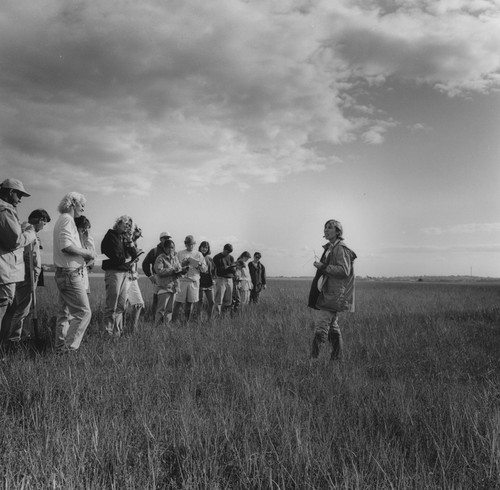 Lisa Ann Levin teaching graduate students in a salt marsh