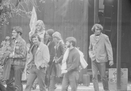 Students show support for peers summoned to appear at the UC San Diego police station for involvement in the takeover of Urey Hall, in protest against the Vietnam War