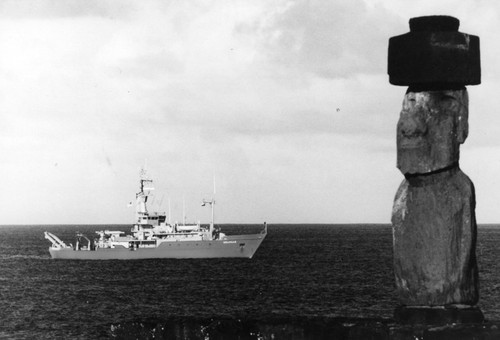 R/V Melville with Moai statue in forefront, Easter Island, Chile