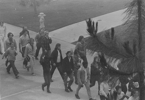 Students protesting against the Vietnam War, marching towards Urey Hall, UC San Diego