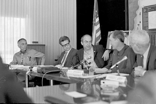 Left to right: Albert E. J. Engel, Kurt Marti, James Arnold, Gustaf Arrhenius, Harold Urey at moon rock research press conference, UC San Diego