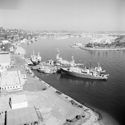 Aerial view of the Chester W. Nimitz Marine Facility and Scripps Institution of Oceanography fleet, Point Loma, San Diego, California