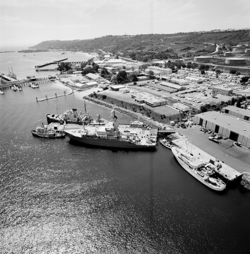 Aerial view of the Chester W. Nimitz Marine Facility and Scripps Institution of Oceanography fleet, Point Loma, San Diego, California