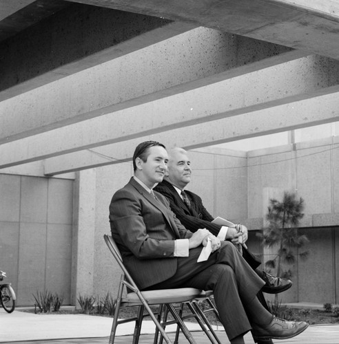 Chancellor William J. McGill (right) and unidentified man, dedication of the Basic Science Building, UC San Diego