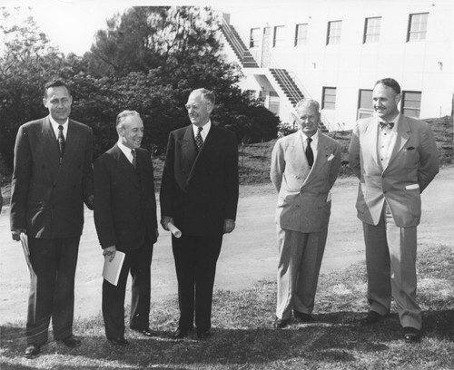 Roger Revelle, Detlev W. Bronk, Robert Gordon Sproul, Leo Hermle, and Denis L. Fox at dedication of Thomas Wayland Vaughan Aquarium Museum, Scripps Institution of Oceanography