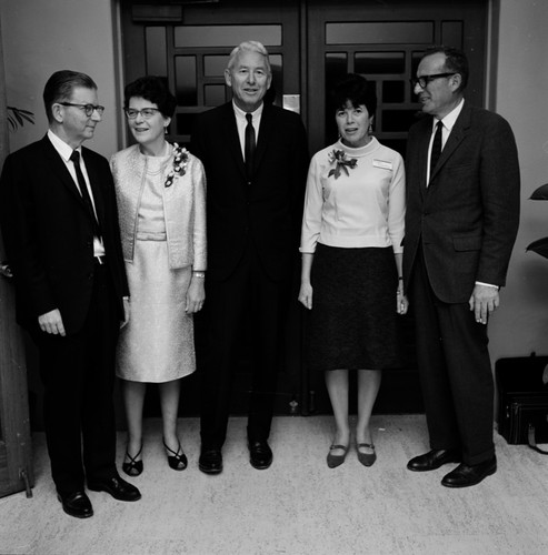 UC president Charles J. Hitch, Nancy Hitch, UC San Diego chancellor John S. Galbraith, Edith Nierenberg, and Scripps Institution of Oceanography director William A. Nierenberg at reception for "The Oceans 1968 - A New World" symposium