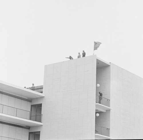 Student strike demonstration, with banner, Revelle College, UC San Diego