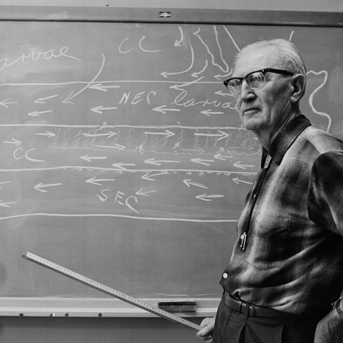 Martin W. Johnson at blackboard, Scripps Institution of Oceanography