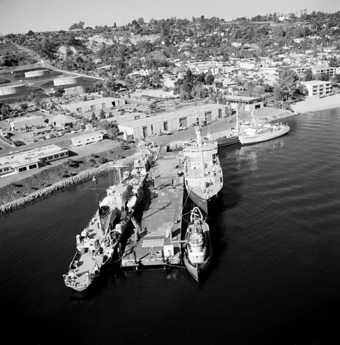 Aerial view of the Chester W. Nimitz Marine Facility and Scripps Institution of Oceanography fleet, Point Loma, San Diego, California