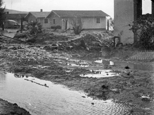 Muddy street and debris after a rain storm, Scripps Institution of Oceanography