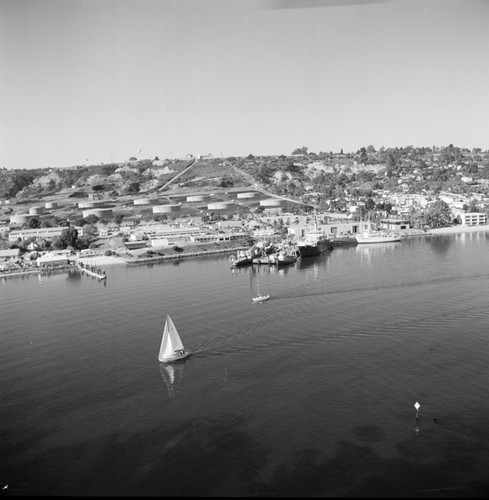 Aerial view of the Chester W. Nimitz Marine Facility and Scripps Institution of Oceanography fleet, Point Loma, San Diego, California