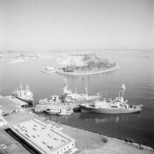 Aerial view of the Chester W. Nimitz Marine Facility and Scripps Institution of Oceanography fleet, Point Loma, San Diego, California