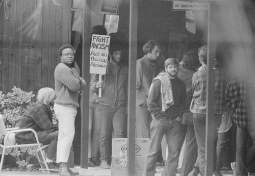 Students show support for peers summoned to appear at the UC San Diego police station for involvement in the takeover of Urey Hall, in protest against the Vietnam War