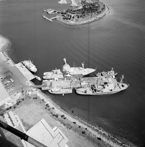 Aerial view of the Chester W. Nimitz Marine Facility and Scripps Institution of Oceanography fleet, Point Loma, San Diego, California