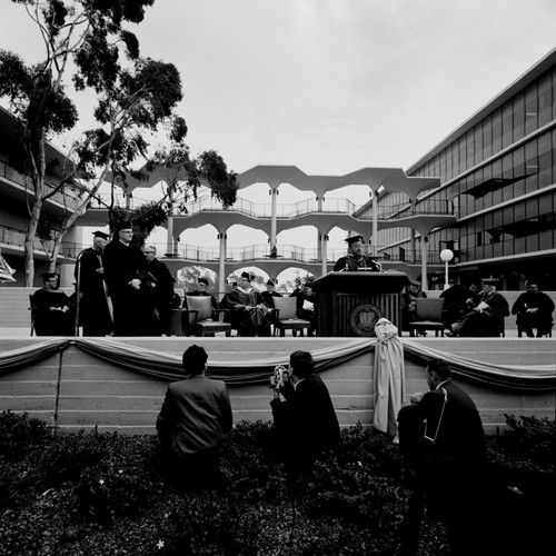 Clark Kerr (at podium) during installation of John S. Galbraith as Chancellor, UC San Diego