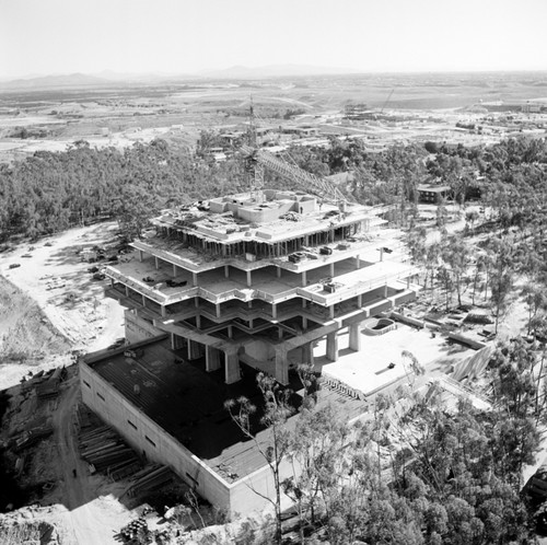 Aerial view of the construction of Geisel Library, UC San Diego