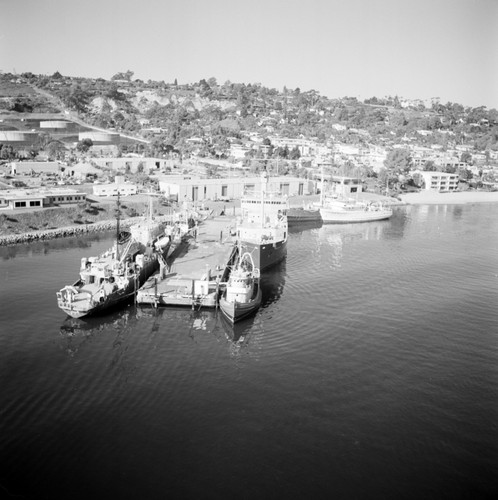 Aerial view of the Chester W. Nimitz Marine Facility and Scripps Institution of Oceanography fleet, Point Loma, San Diego, California