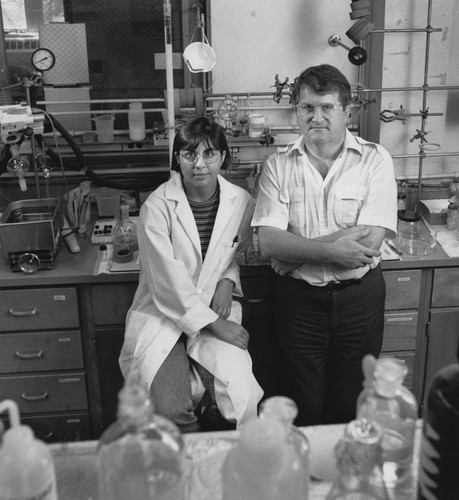 Douglas J. Faulkner (right) and unidentified scientist in laboratory, Scripps Institution of Oceanography