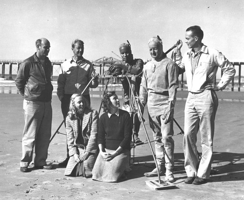 Suspended sediment trap and field crew on the beach near Scripps Institution of Oceanography