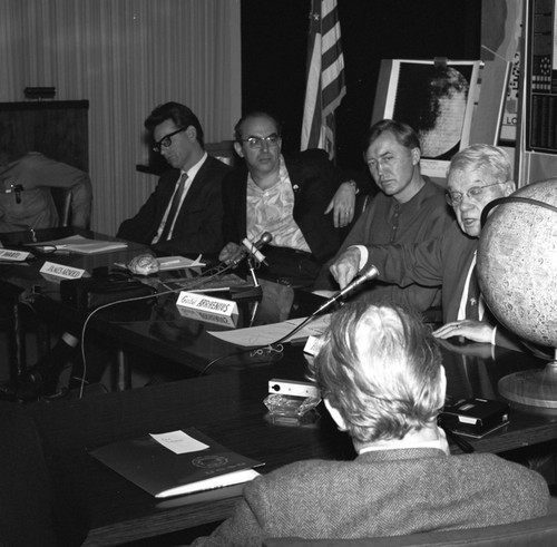 Kurt Marti, James Arnold, Gustaf Arrhenius and Harold Clayton Urey, moon rock research press conference, UC San Diego