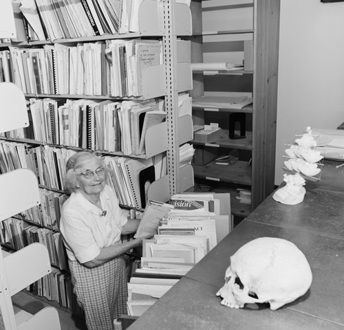 Laura Clark Hubbs in the Hubbs Library, preparing materials for shift from Marine Biology Building to Eckart Building