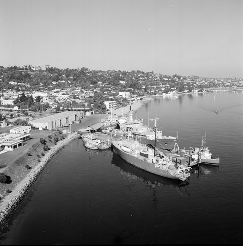 Aerial view of the Chester W. Nimitz Marine Facility and Scripps Institution of Oceanography fleet, Point Loma, San Diego, California