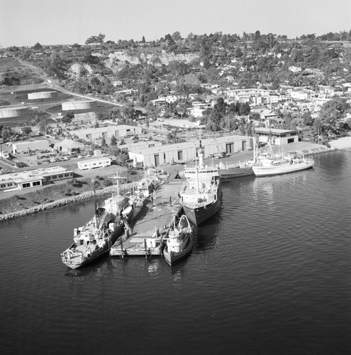 Aerial view of the Chester W. Nimitz Marine Facility and Scripps Institution of Oceanography fleet, Point Loma, San Diego, California