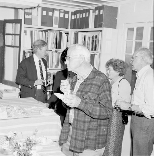 Jeffery Dean Frautschy (center), Alan Frieman (left), Fred Noel Spiess and Sally (Sarah Whitton) Spiess (right corner) at retirement party for Spiess