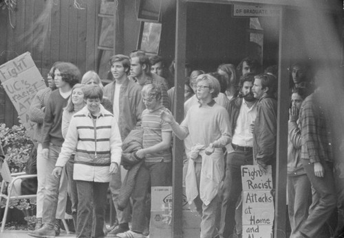 Students show support for peers summoned to appear at the UC San Diego police station for involvement in the takeover of Urey Hall, in protest against the Vietnam War