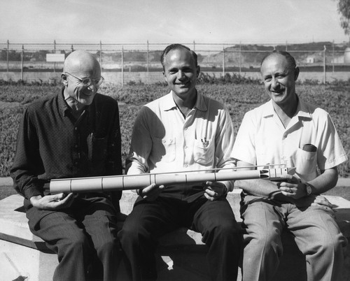 Phillip Rudnick, Frederick H. Fisher, and Fred Noel Spiess (left to right) holding the first model of R/P FLIP