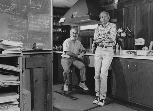 John McGowan (left) with unidentified man in laboratory, Scripps Institution of Oceanography