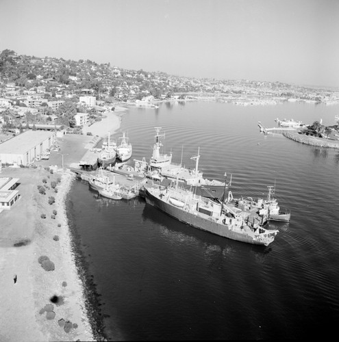 Aerial view of the Chester W. Nimitz Marine Facility and Scripps Institution of Oceanography fleet, Point Loma, San Diego, California