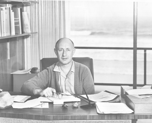 Fred Noel Spiess seated at desk, SIO Director's Office