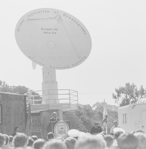 Unknown speaker at podium during the Satellite Facility dedication ceremony, Scripps Institution of Oceanography