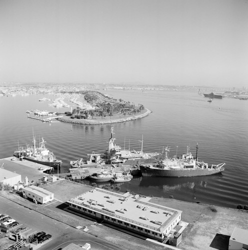 Aerial view of the Chester W. Nimitz Marine Facility and Scripps Institution of Oceanography fleet, Point Loma, San Diego, California