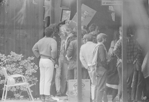 Students show support for peers summoned to appear at the UC San Diego police station for involvement in the takeover of Urey Hall, in protest against the Vietnam War