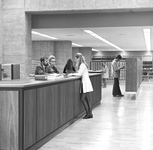 Circulation desk and card catalog, Geisel Library, UC San Diego