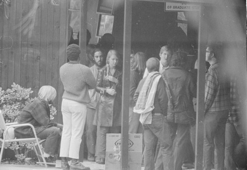 Students show support for peers summoned to appear at the UC San Diego police station for involvement in the takeover of Urey Hall, in protest against the Vietnam War