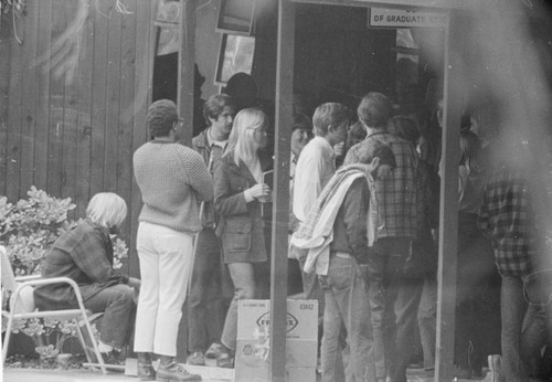 Students show support for peers summoned to appear at the UC San Diego police station for involvement in the takeover of Urey Hall, in protest against the Vietnam War