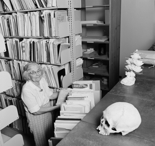 Laura Clark Hubbs in the Hubbs Library, preparing materials for shift from Marine Biology Building to Eckart Building