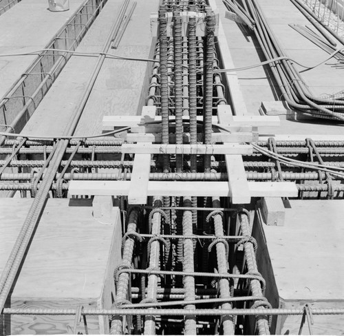 Rebar and concrete detail, construction of Geisel Library, UC San Diego