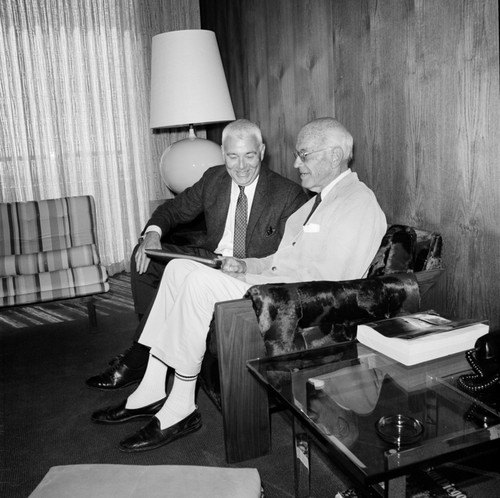 Chancellor William J. McGill (left) and Ernest W. Mandeville (right) at the Gifts and Endowments Mandeville Presentation, UC San Diego