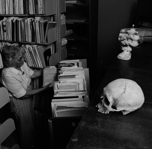 Laura Clark Hubbs in the Hubbs Library, preparing materials for shift from Marine Biology Building to Eckart Building