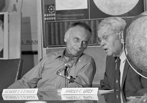 Albert Engel (left) and Harold Clayton Urey, moon rock research press conference, UC San Diego