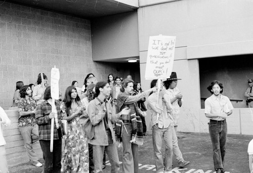 Student protest during the inauguration of UC San Diego Chancellor William D. McElroy