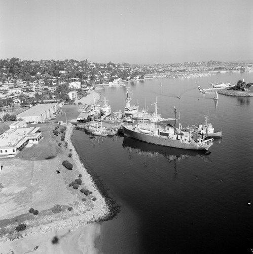 Aerial view of the Chester W. Nimitz Marine Facility and Scripps Institution of Oceanography fleet, Point Loma, San Diego, California